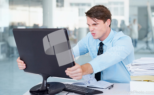 Image of Businessman, computer and stress or frustrated at office, anger and crazy for technology. Male person, frustrated and crisis on digital, problem and issues or glitch, 404 error and connection fail