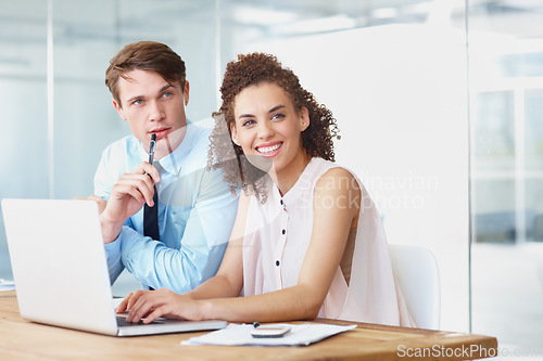 Image of Laptop, conversation and business people in collaboration in the office doing research for legal information. Professional, technology and team of lawyers in discussion with computer in workplace.