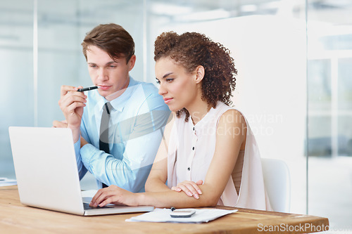 Image of Laptop, discussion and business people in collaboration in the office doing research for legal information. Professional, technology and team of lawyers in conversation with computer in workplace.