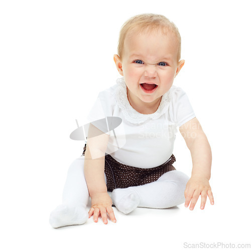 Image of Excited, portrait of kid and baby on floor in studio isolated on a white background mockup space. Happy child, infant and cute blonde toddler or adorable newborn, healthy and funny laugh or smile