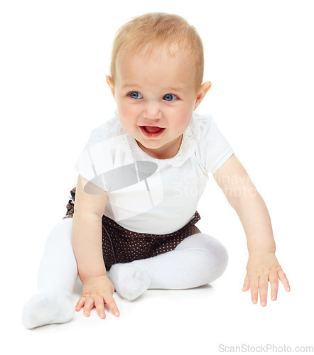 Image of Smile, young child and baby on floor in studio isolated on a white background mockup space. Happy kid, infant and cute blonde toddler or adorable girl sitting, innocent newborn or healthy development