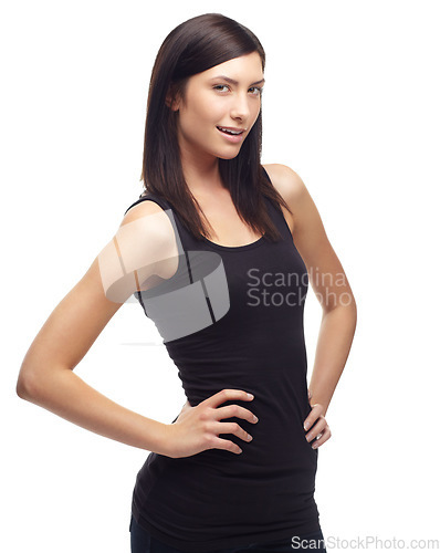 Image of Young woman, portrait and fashion for health or wellness against a white studio background. Face and body of attractive female person or model smile with hands on hips in casual clothing on mockup