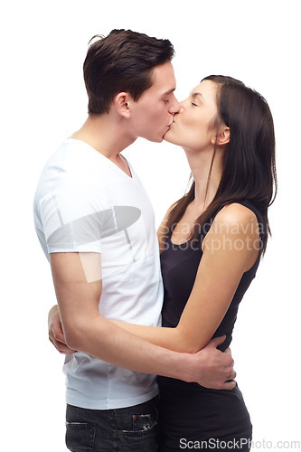 Image of Happy couple, kiss and hug with love in studio mockup, romance and care in committed relationship for bonding. Young man, woman and date for marriage loyalty, support and together by white background