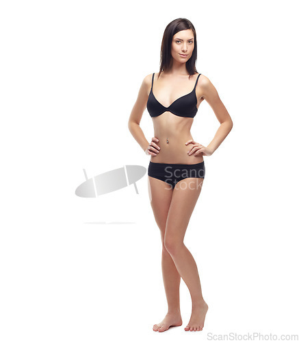 Image of Young woman, portrait and full body in underwear to lose weight, slim or diet against a white studio background. Attractive female person or model posing in lingerie for health and wellness on mockup