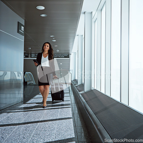 Image of Walking, airport or businesswoman with phone, suitcase or luggage on social media or online. Travel, airplane or corporate lady texting to chat on mobile app on international flight transportation