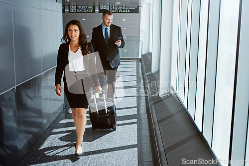 Image of Flight, walking or business people with suitcase, luggage or baggage for a company trip in airport. Lawyer, woman or corporate workers in lobby for a global journey on international travel together