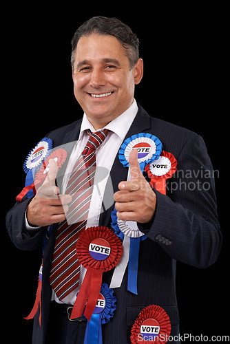 Image of Man, vote and finger gun with ribbon, usa and politician for support, politics and dark background. Elections, patriotic and representative for party, registration and democracy for voting register