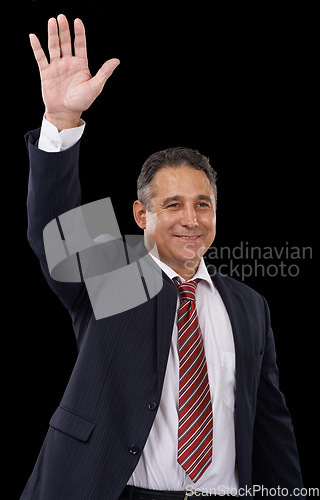 Image of Government, politician and man on black background with hand for wave, greeting and support. Success, political campaign and person with gesture for leadership, pride and winning election in studio