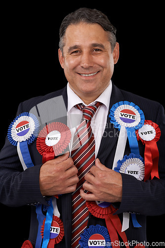 Image of Man, vote and suit for politician, ribbons and candidate for support, government and politics. Elections, voter choice and representative for party, registration and democracy for voting register