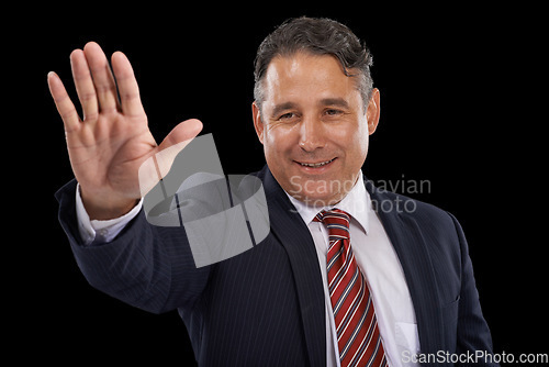 Image of Government, happy politician and man in studio for wave, greeting and support on black background. Success, political campaign and person with hand gesture for leadership, pride and winning election