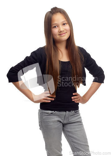 Image of Child, girl and portrait fashion smile for confidence in studio, school student at white background. Young person, teen model or proud face for cool clothes or positive attitude, trendy or stylish