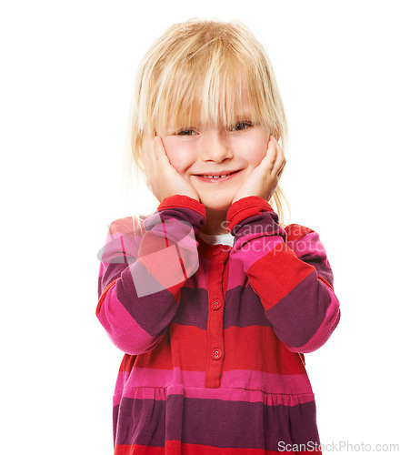 Image of Portrait, girl and kid with a smile, excited and happiness isolated on a white studio background. Face, person and model with joy, childhood and Canada with mockup space, reaction and emotions