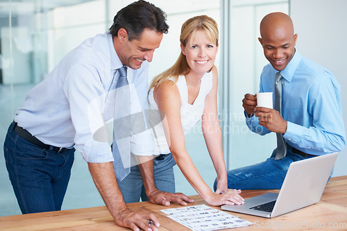 Image of Business people, teamwork portrait and laptop for website design, planning layout and startup project in office. Professional group, woman or manager on computer with assets at an advertising agency