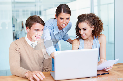 Image of Business people, teamwork and planning on laptop for marketing feedback, manager advice and support in office. Professional mentor, internship employees and computer for copywriting and collaboration