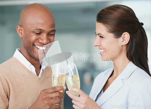 Image of Partnership, champagne and smile for toast, cheers and success or achievement, bonus and target. Happy people, motivation and congratulations in office, victory and celebrate with drink, goals or joy