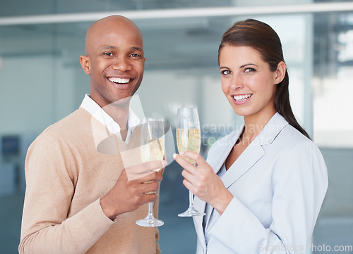 Image of Portrait, woman and man with champagne for partnership, collaboration or global success. Businesspeople, corporate and diversity with glass for toast, cheers or celebration in happiness in office