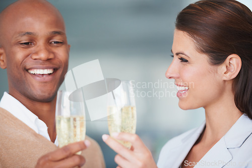 Image of Partnership, alcohol and smile for toast, cheers and success or achievement, bonus and target. Happy people, motivation and congratulations in office, victory and celebrate with drink, goals or joy