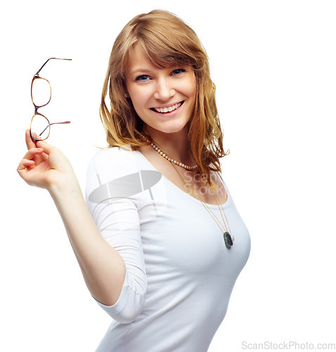 Image of Woman, glasses and fashion in studio portrait with smile, confidence and eye care by white background. Girl, happy and show frame for eyesight, vision and wellness with trendy style, clothes or pride