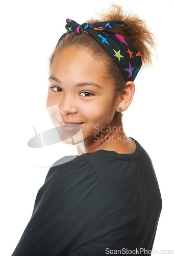 Image of Child, portrait and smiling with beauty, hair and face with headshot, model and bandana. Girl, happy and isolated on studio background for fashion, teenager and clothes, confident and pose alone