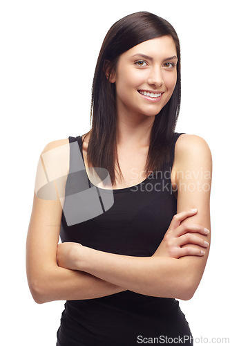 Image of Woman, happy or portrait with arms crossed, positive or pride mindset for studio mockup. Young model, face and calm attitude with smile, relax wellness and company in about us by white background