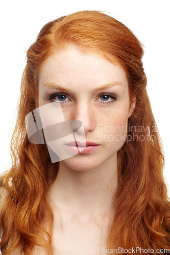 Image of Serious, girl and woman with portrait, redhead and beauty isolated on a white studio background. Face, person and model with mockup space, confident and hair with peace, Edinburgh and ginger