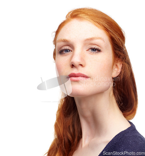 Image of Portrait, person and woman with confidence, redhead and beauty isolated on a white studio background. Face, girl and model with mockup space, casual and freckles with promotion, Edinburgh and ginger