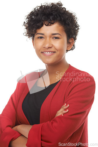 Image of Happy woman, arms crossed and smile in portrait, studio and confidence for fashion, proud and beauty. Mexican female person, face and startup or entrepreneur, curly hair and joy by white background