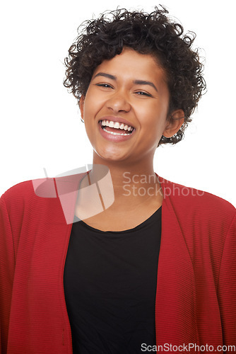 Image of Woman, laughing and happy in portrait, studio and funny joke or comedy, fun and white background. Female person, silly and humor or goofy, comic and positive mindset or excited, freedom and mockup