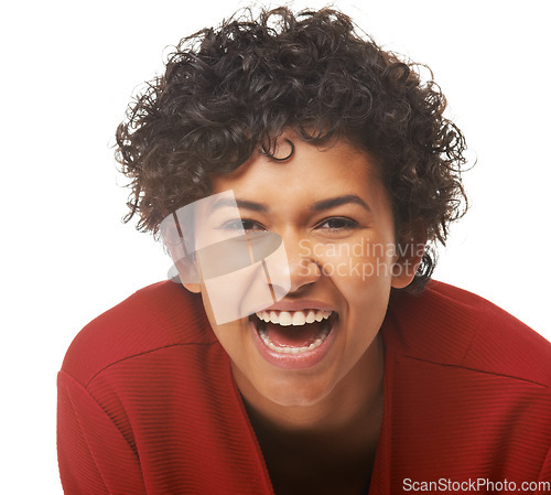 Image of Happy woman, laughing and face in portrait, studio and funny joke or comedy by white background. Female person, silly and humor or goofy, comic and positive mindset or excited, smile and mockup