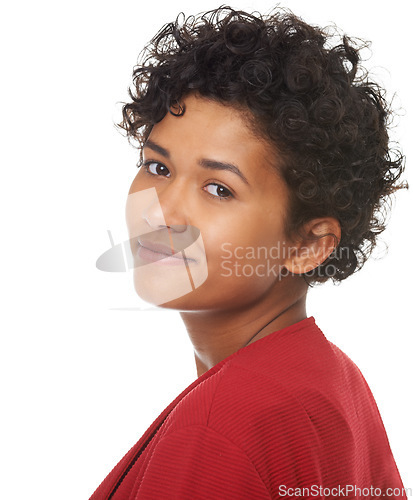 Image of Woman, natural and smile in portrait, studio and confidence for fashion, proud and beauty. Mexican female person, face and positive mindset in mockup, curly hair and isolated by white background