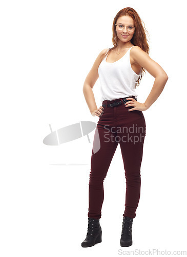 Image of Portrait, woman and pose for fashion in studio for mockup with cool, modern or style on white background. Ireland, female model and glasses with smile in confidence for streetwear, trendy and clothes