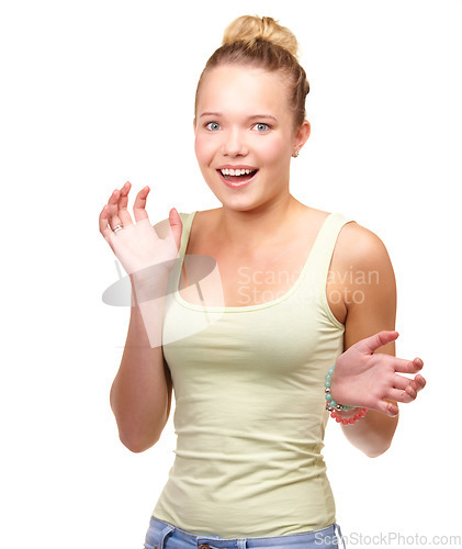 Image of Woman, portrait and surprise hands in studio for excited shock for wow, announcement or information. Female person, model and face for omg good news or emoji expression, white background as mockup