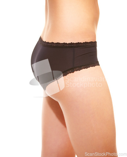 Image of Woman, buttocks and underwear closeup in studio for weight loss results, health on white background. Female person, leg and thigh in lingerie panties for elegant wellness, skin as mockup space