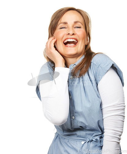 Image of Comic, happy and portrait of woman in a studio for funny and silly joke in conversation. Smile, excited and confident mature female model with goofy face expression isolated by white background.