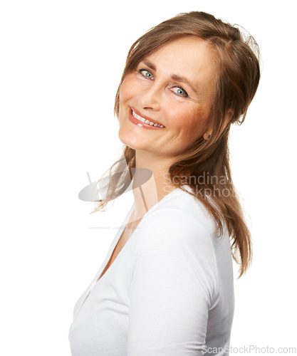 Image of Smile, portrait and mature woman in a studio with positive, good and confident attitude. Happy, excited and female model from Canada with makeup, cosmetic or beauty face isolated by white background.
