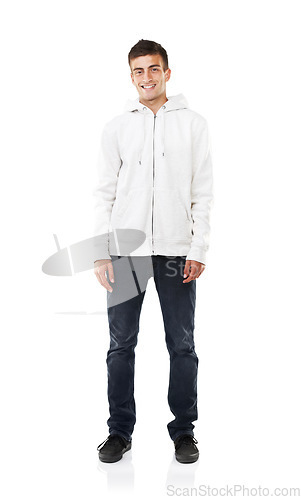 Image of Portrait, smile and man in hoodie for fashion isolated on white studio background. Happy young person, face of model and stylish clothes, casual and cool in trendy streetwear in Spain on mockup space