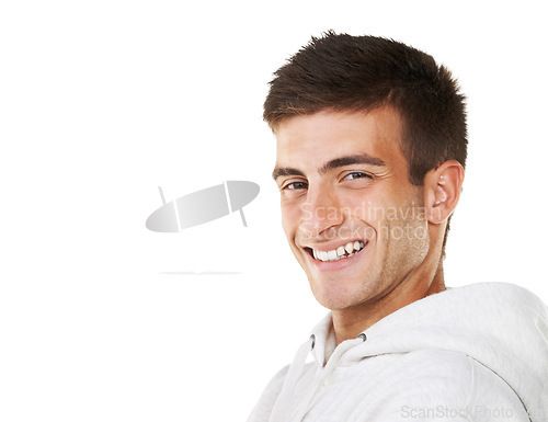 Image of Portrait, happy and man in hoodie for fashion isolated on white background mockup space. Young person smile, face of model and stylish clothes, casual or cool facial expression in Spain on backdrop
