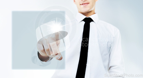 Image of Businessman, hand and touching overlay, HUD or dashboard for futuristic interaction on mockup space. Closeup of man, user or employee with holographic display, box or interface for UI, UX or screen