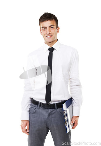 Image of Happy businessman, portrait and clipboard for accounting or documents in finance against a white studio background. Young man, accountant or employee smile with paperwork in business proposal or idea