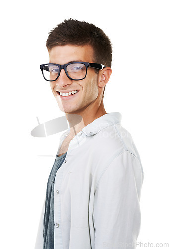 Image of Portrait, happy man and glasses with smile in studio for eye care mock up on white background. Male model, student and excited for correction of glaucoma, pupil or vision with new, frame and lens