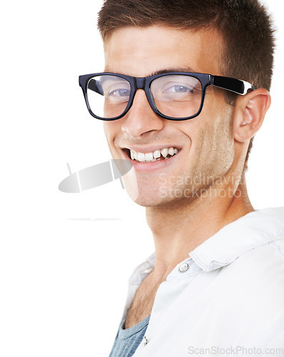 Image of Portrait, happy man and smile with glasses in studio for mock up on white background. Male model, person and creative with spectacles for vision with new, lens and frame for sight, myopia or eye care