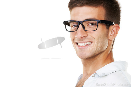 Image of Closeup, portrait and happy man with glasses in studio, mockup and white background in Spain. Person, vision and smile for new, frame and lens of spectacles for correction of sight, cornea or pupil