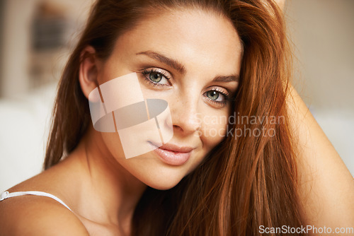 Image of Happy woman, portrait and face in beauty, hair care or makeup cosmetics at spa or salon. Closeup of attractive young female person, ginger or model smile for hairstyle, skincare or facial treatment