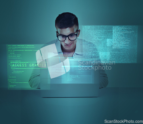 Image of Laptop, overlay and database with a hacker man in studio on a blue background for cybersecurity or networking. Computer, information technology and cloud computing with a software engineer at work