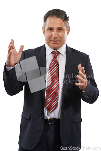 Image of Portrait, business and man with politics, promotion or information isolated on white studio background. Mature person, government official or representative with opportunity, speaking pr announcement