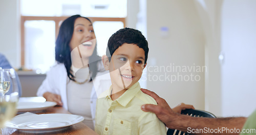 Image of Happy, boy and talking to grandfather at dinner, lunch or family bonding together at table Generations, mother and kid conversation with senior man in home at brunch with love, care and support