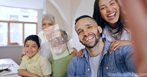 Image of Happy, big family and selfie in home at dinner, party or together with freedom on holiday or vacation. Parents, child and grandparents smile for social media, memory and photography of event in house