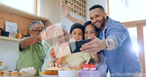 Image of Child with birthday cake, selfie and family to celebrate with smile, fun and love together in home. Photography, gift and congratulations, parents and grandparents at kids party with excited boy.