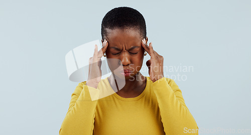 Image of Frustrated black woman, headache and stress in anxiety, burnout or mistake against a gray studio background. African male person with migraine or mental health in pain, pressure or fail on mockup