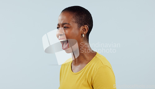 Image of Anxiety, stress and angry black woman screaming in studio with broken heart, grief or fear on grey background. Psychology, depression and African female model shouting with trauma, conflict or crisis